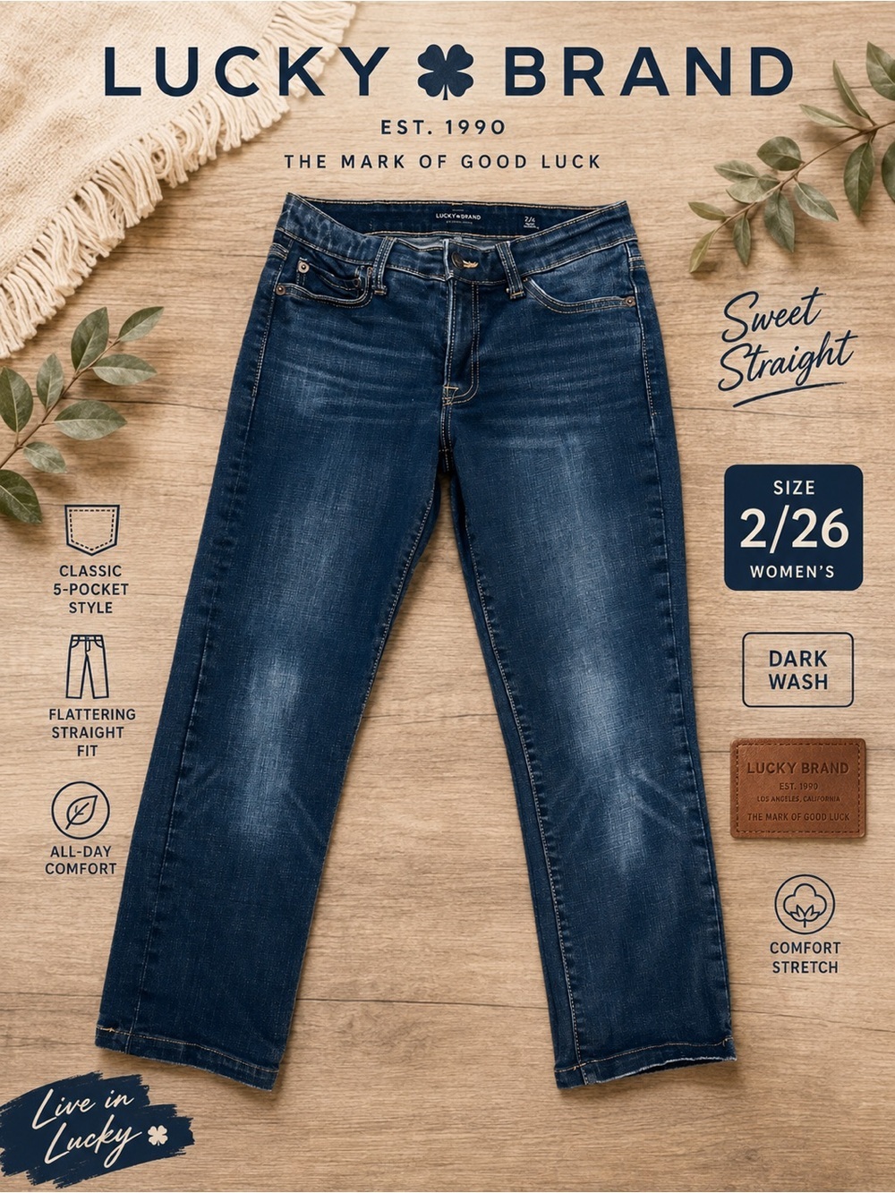 Lucky Brand Sweet Straight Jeans Women’s 2/26 Dark Wash Ankle Stretch Denim
